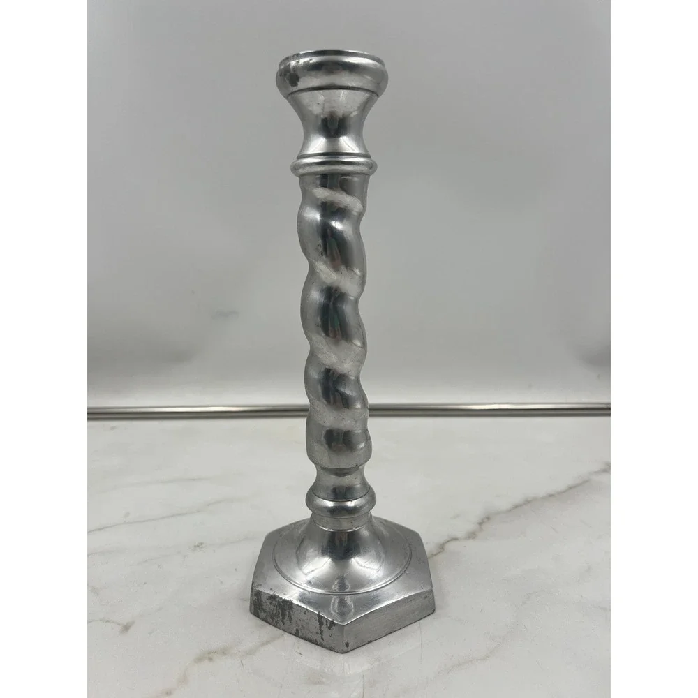 Vintage Pewter Barley Twist Candlestick Holder Hexagon Base 9.25 Inch Silver